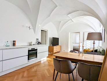 bright kitchen and living area