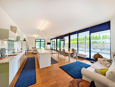 Modern eingerichtetes Wohnzimmer mit Essbereich